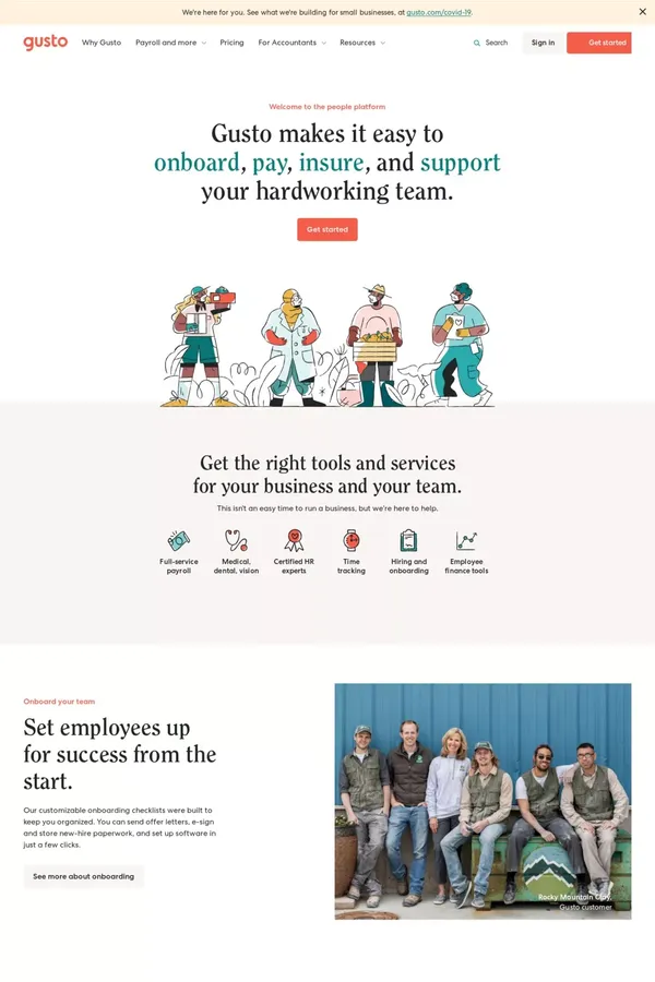 Payroll, Benefits, and HR Software Built for Small Businesses | Gusto - Landing design inspiration