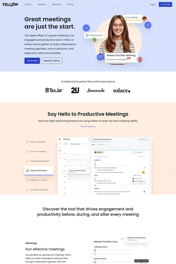 Fellow.app - Great Meetings Start Here: Collaborative Meeting Agendas, Action Items and more... - Landing design inspiration