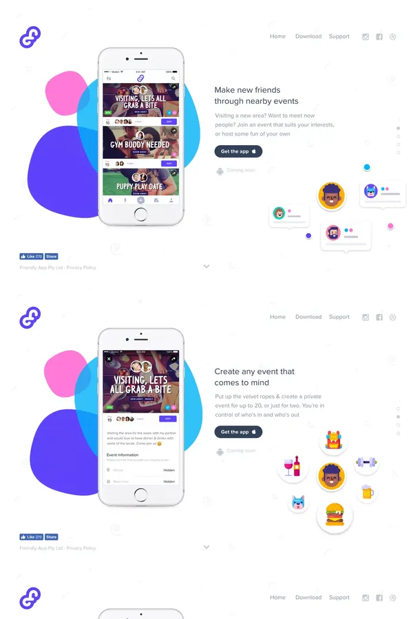 Friendly - Make new friends through nearby events - Landing design inspiration