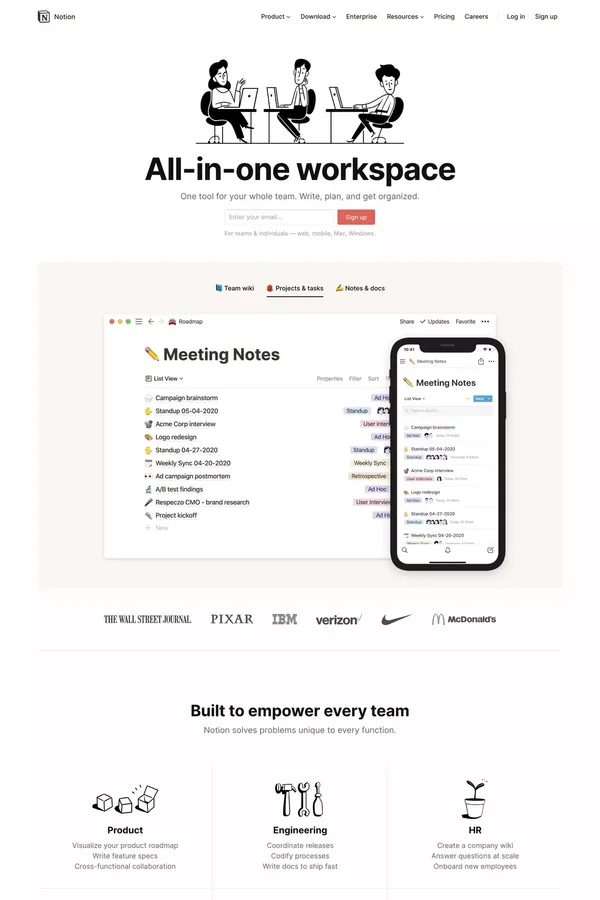 Notion – The all-in-one workspace for your notes, tasks, wikis, and databases. - Landing design inspiration