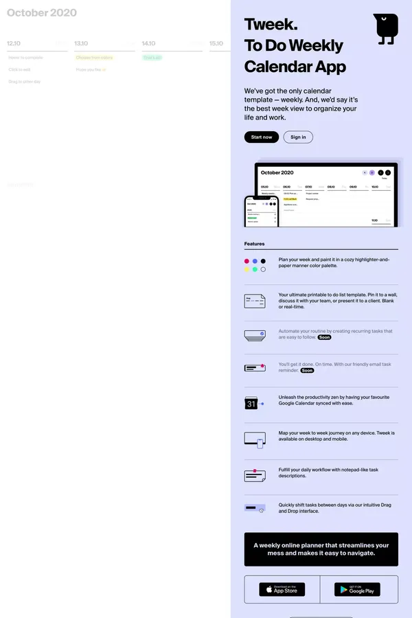 Tweek — Super Simple To-Do Weekly Calendar - Landing design inspiration