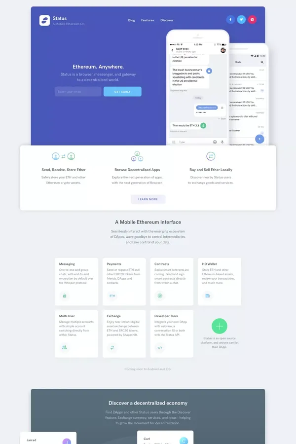 Status | The Mobile Ethereum Client - Landing design inspiration