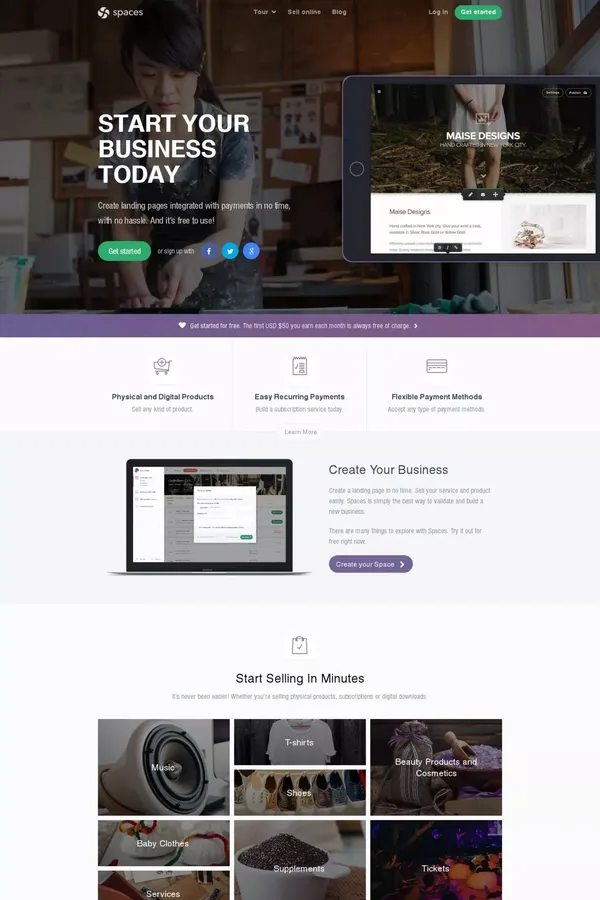 Spaces | Sell online, start a free online store - Landing design inspiration