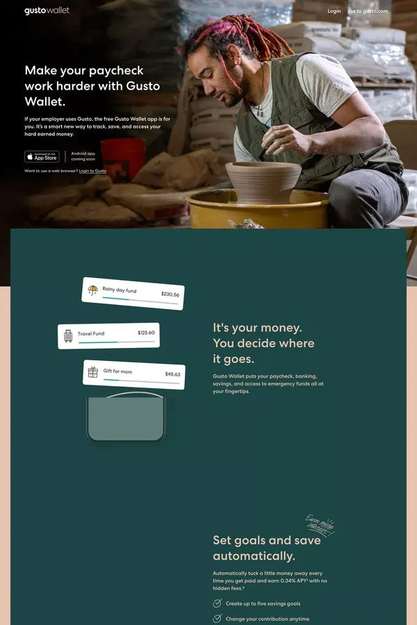 Download the Gusto Wallet mobile app - Landing design inspiration
