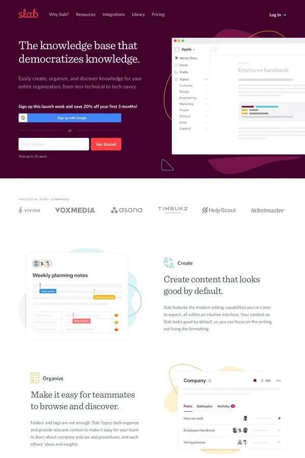 Slab - Knowledge Base & Wiki That Democratizes Knowledge - Landing design inspiration