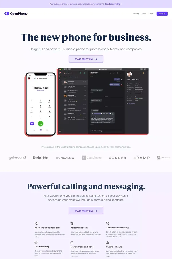 OpenPhone - Modern Business Phone for Startups and Small Businesses - Landing design inspiration