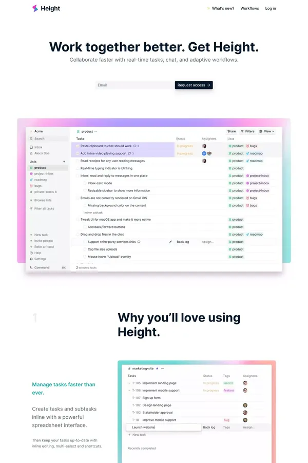 Height - Collaborate faster with tasks, chat, and adaptive workflows. - Landing design inspiration