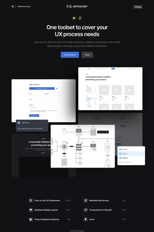 Component libraries for wireframes, flowcharts, diagrams and handoff documentation - Landing design inspiration