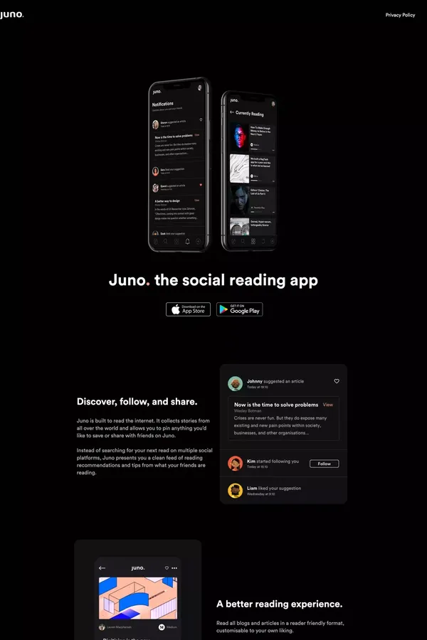Juno. The Social Reading App - Landing design inspiration