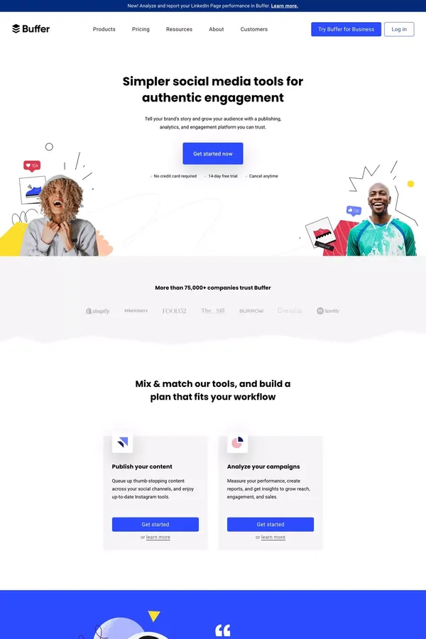 Simpler social media tools for authentic engagement | Buffer - Landing design inspiration