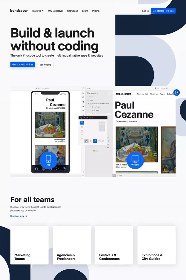 The only #nocode tool to create multilingual native apps & websites | Bondlayer - Landing design inspiration