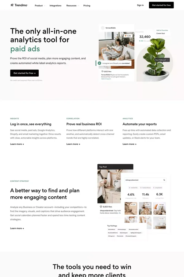 Trendmo: Analytics for Social Media, Shopify, Ads, and More - Landing design inspiration