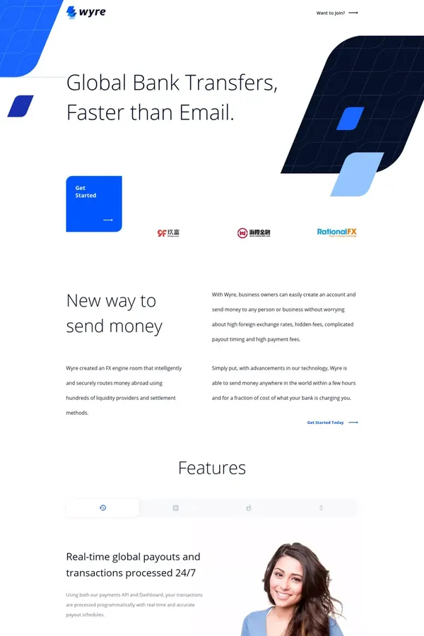 Wyre, Global Bank Transfers Faster than Email - Landing design inspiration