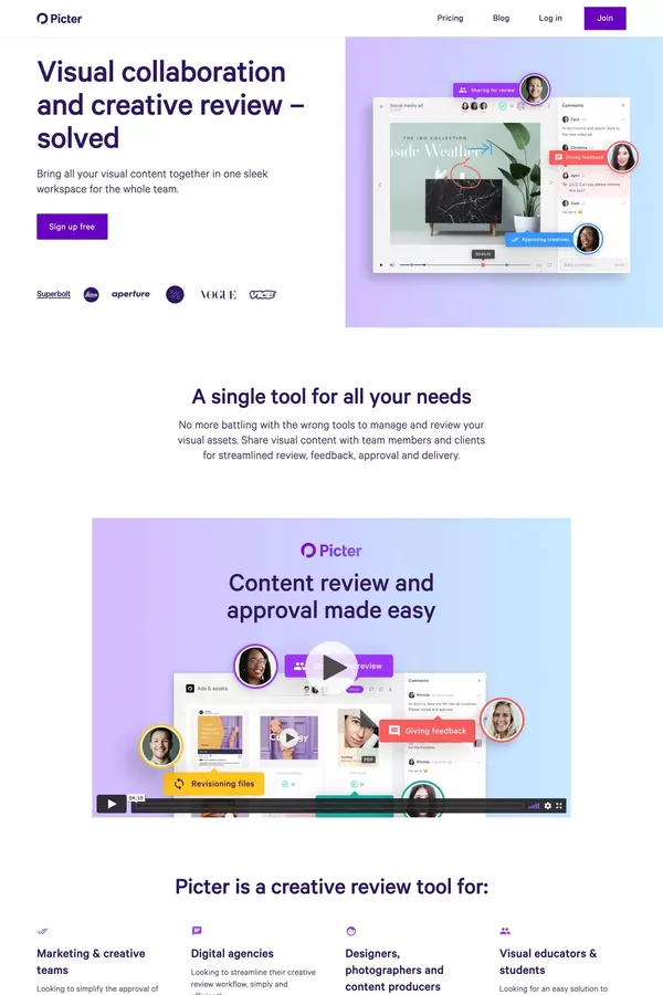 Picter.com · Content review and approval made easy - Landing design inspiration