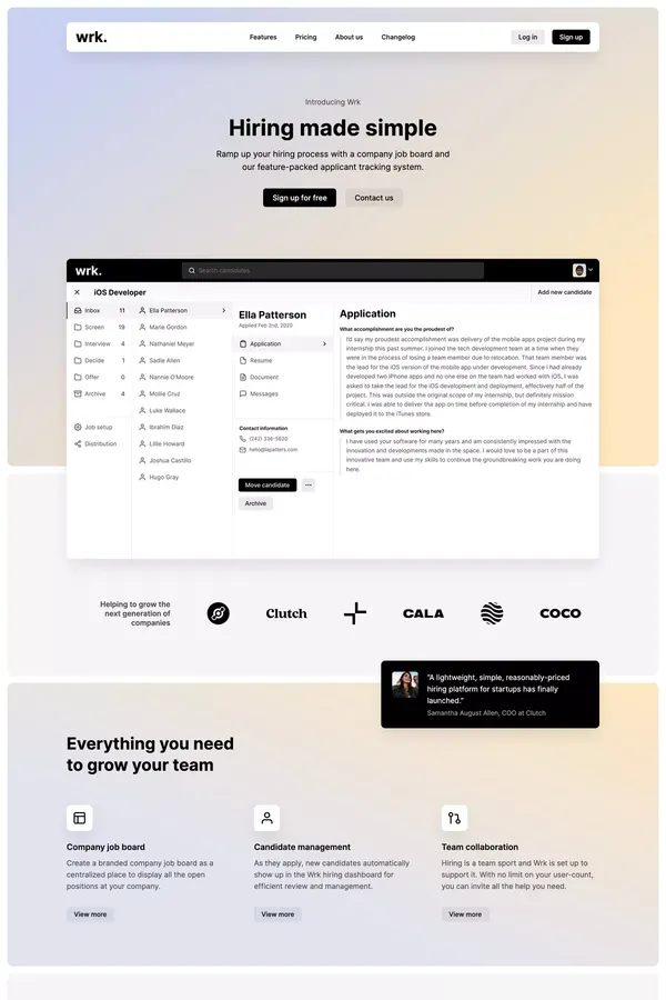 Wrk | Hiring made simple - Landing design inspiration