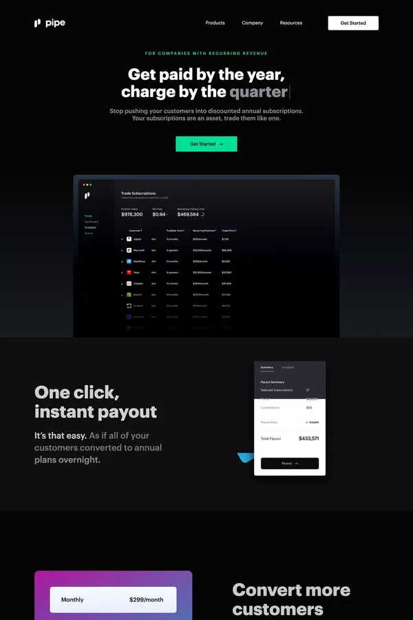 Pipe – Instant access to your annual cash flow - Landing design inspiration