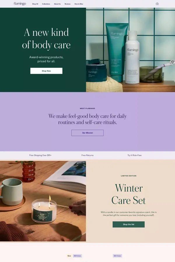 Flamingo | Women's Razors, at Home Wax Strips, and Body Care for Women with Hair - Ecommerce design inspiration