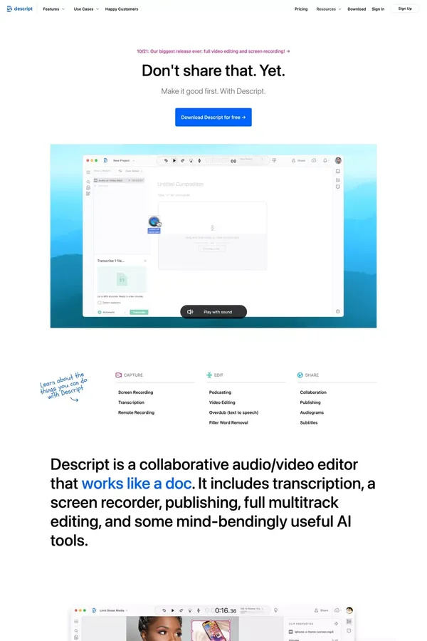 Descript | Create podcasts, videos, and transcripts - Landing design inspiration