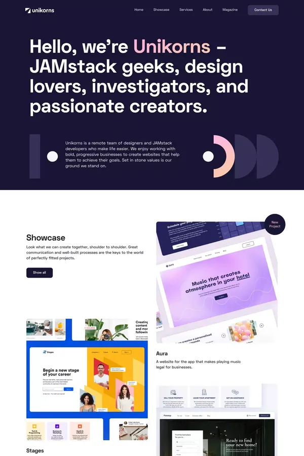 Web design & JAMstack development studio | Unikorns - Portfolio design inspiration