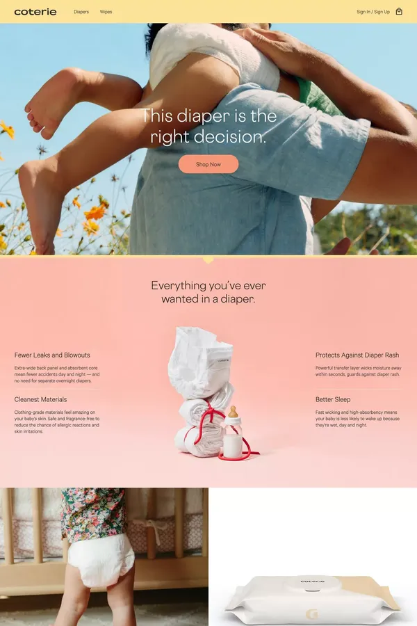 Coterie Diapers, Baby Wipes | High-performing, Sustainable Baby Care - Ecommerce design inspiration