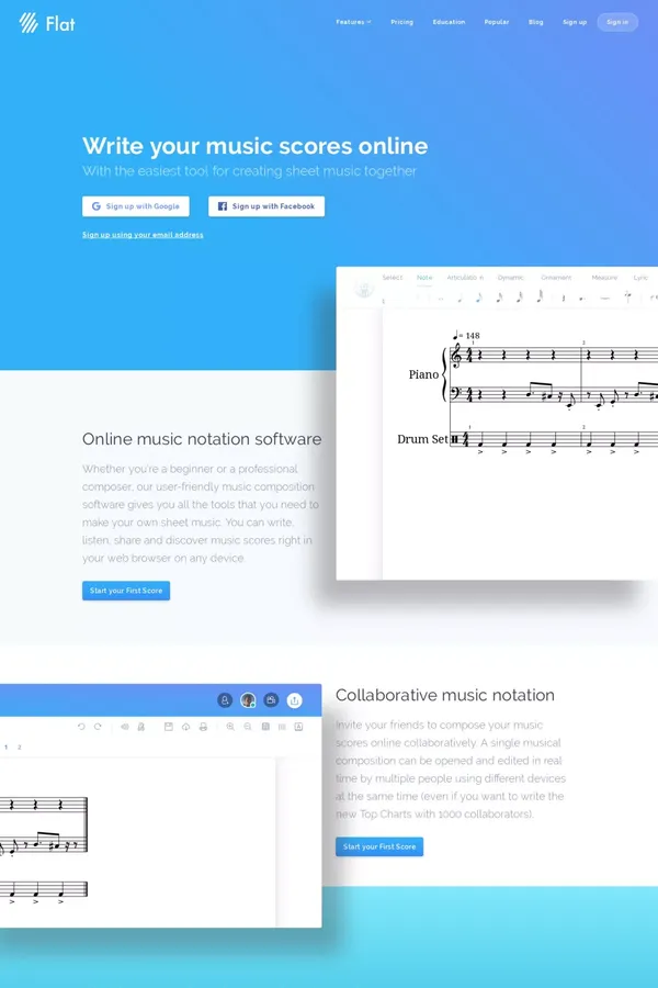 Online collaborative music notation software - Flat - Landing design inspiration