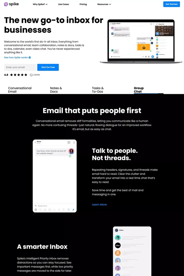 Spike - Email with Team Chat, Notes, To Do Lists, Calendar - Landing design inspiration