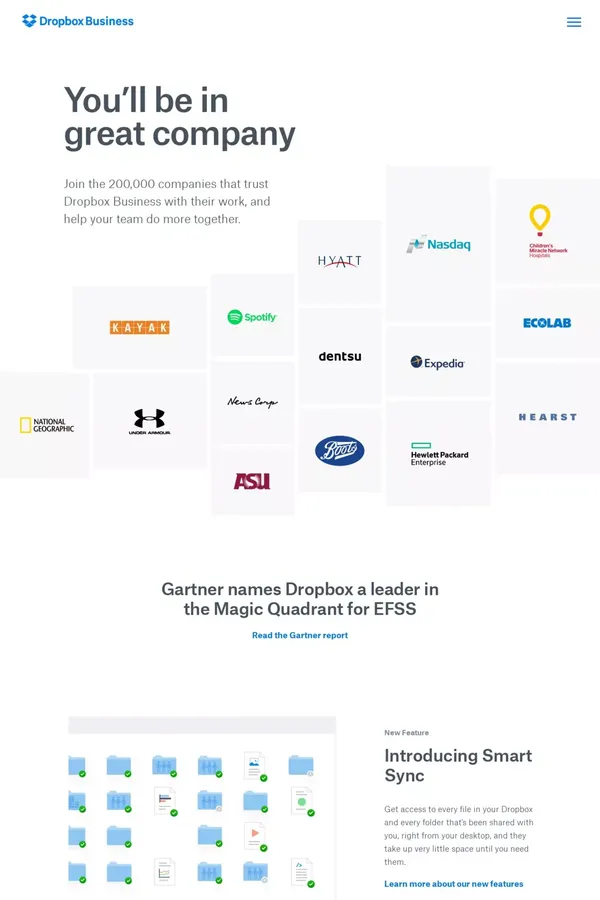 Enterprise File Sync and Share - EFSS - Dropbox Business - Landing design inspiration