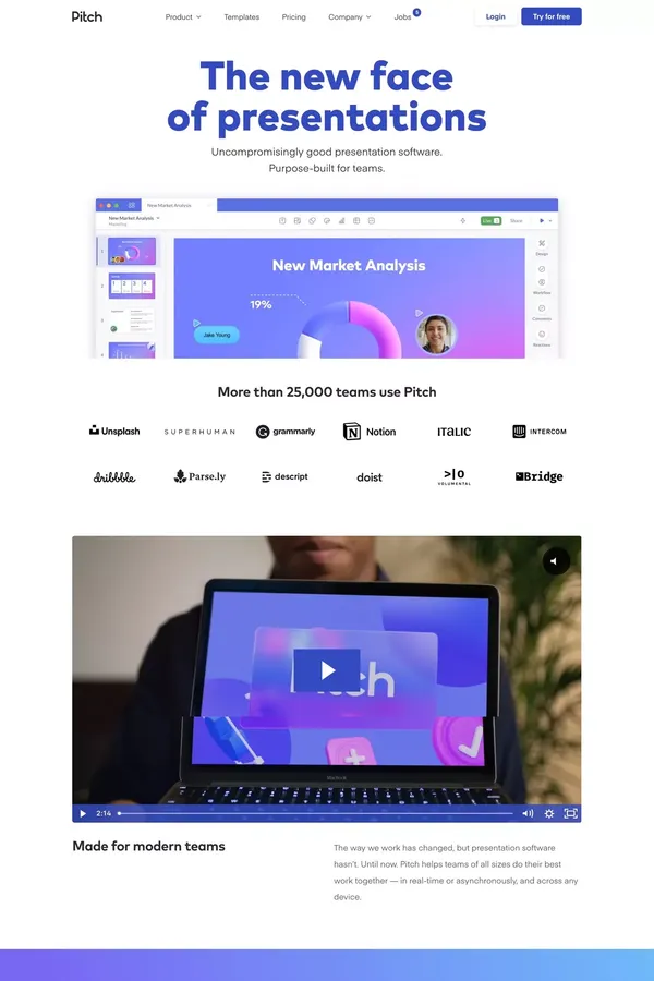 Pitch 一 Collaborative presentation software for modern teams. - Landing design inspiration