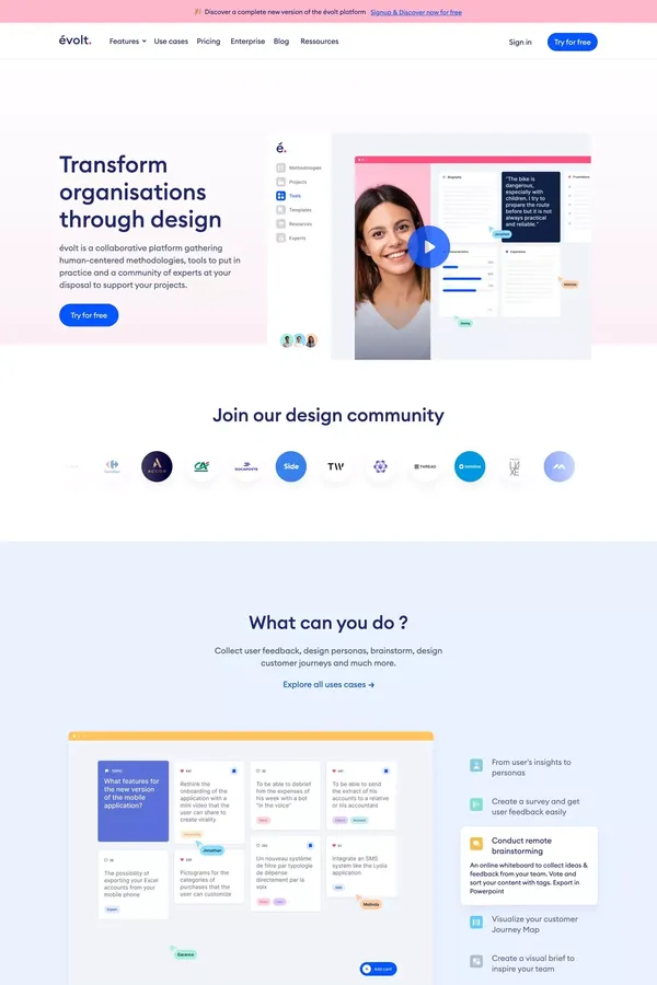 évolt - Collaborative UX Design tools platform for design thinking - Landing design inspiration