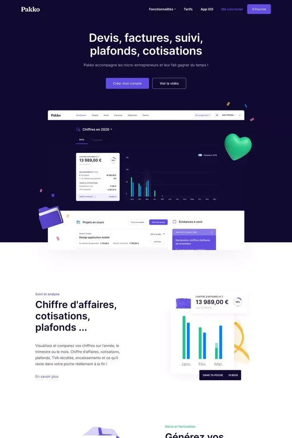 Pakko - Factures, devis, plafonds, cotisations - pour les micro-entrepreneurs - Landing design inspiration