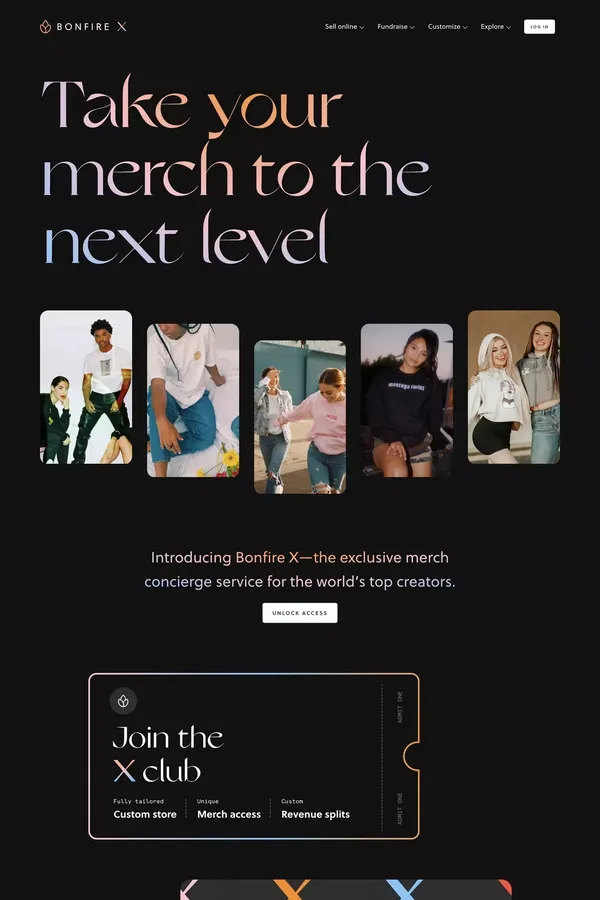 Bonfire X: An Exclusive Merch Concierge Service for Top Creators - Landing design inspiration