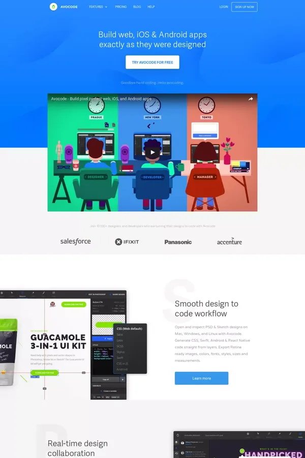 Avocode - PSD & Sketch designs to web, iOS and Android code - Landing design inspiration