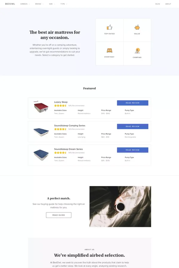 Compare Top Air Mattress Reviews and Ratings by BedOwl - Ecommerce design inspiration