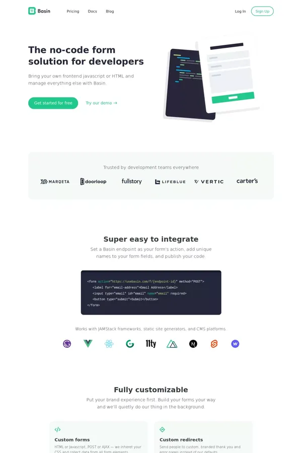 Basin | No-code form backend for developers - website design inspiration