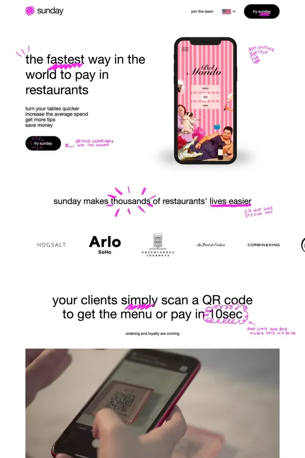 Sunday | Pay faster in restaurants - Landing design inspiration