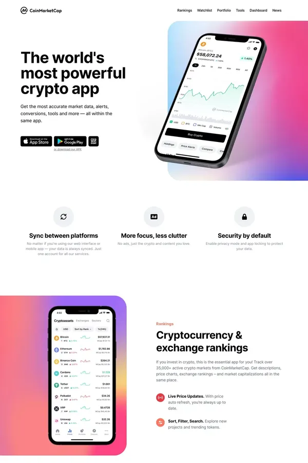 CoinMarketCap - The Best, Most Powerful Crypto App - Landing design inspiration