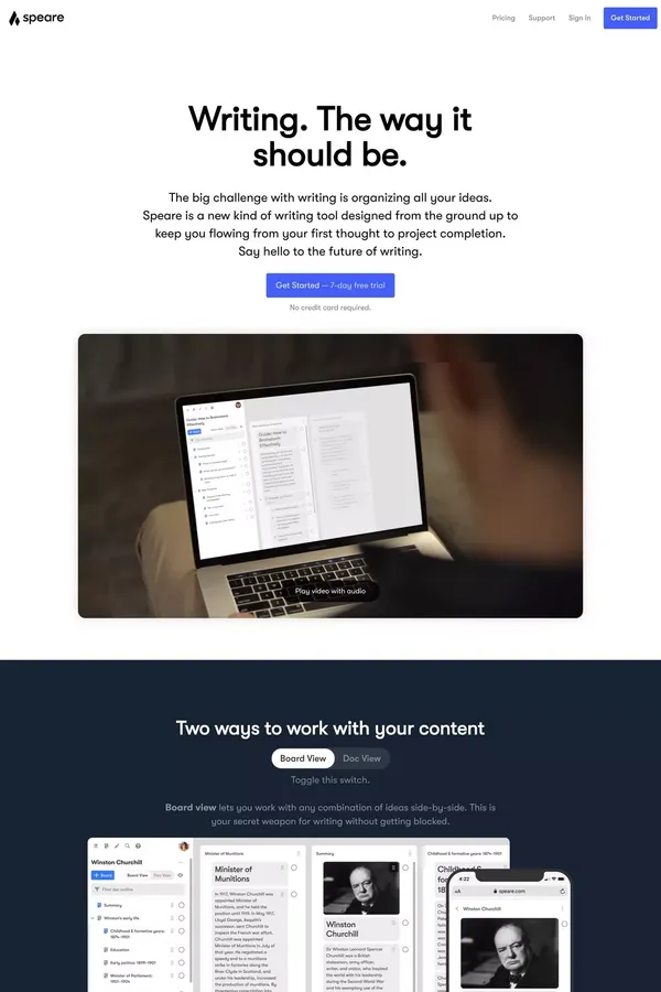 Speare | Organize ideas as you write. - Landing design inspiration