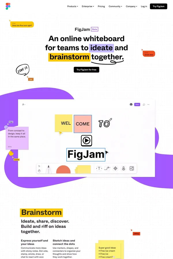 FigJam is an online whiteboard for teams to explore ideas together - Landing design inspiration