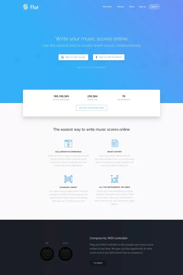 Flat - The online and collaborative music notation software - Landing design inspiration