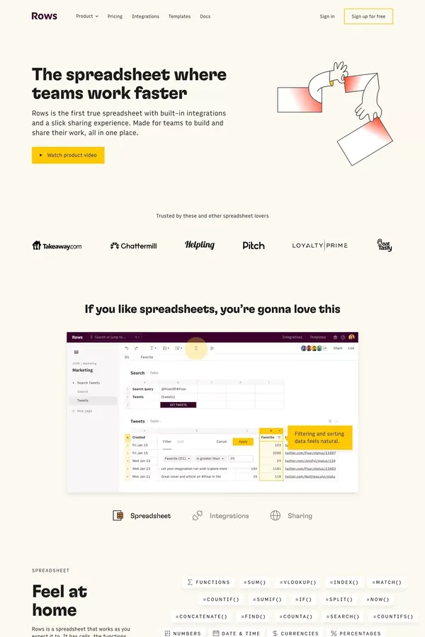Rows — The spreadsheet where teams work faster - Landing design inspiration