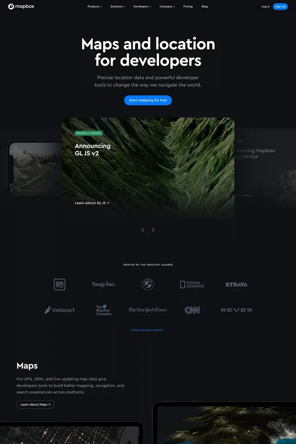 Maps, geocoding, and navigation APIs & SDKs | Mapbox - Landing design inspiration