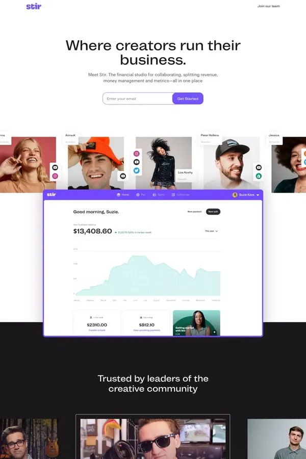 Stir | Where creators run their business - Landing design inspiration