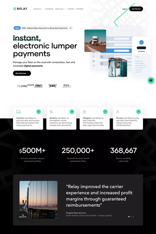 Instant, Electronic Lumper Payments | Relay Payments - Landing design inspiration