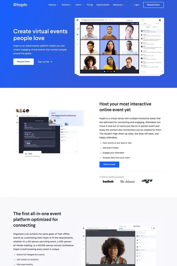 Event Technology Platform for Virtual, Hybrid, and Online Experiences | Hopin - Landing design inspiration