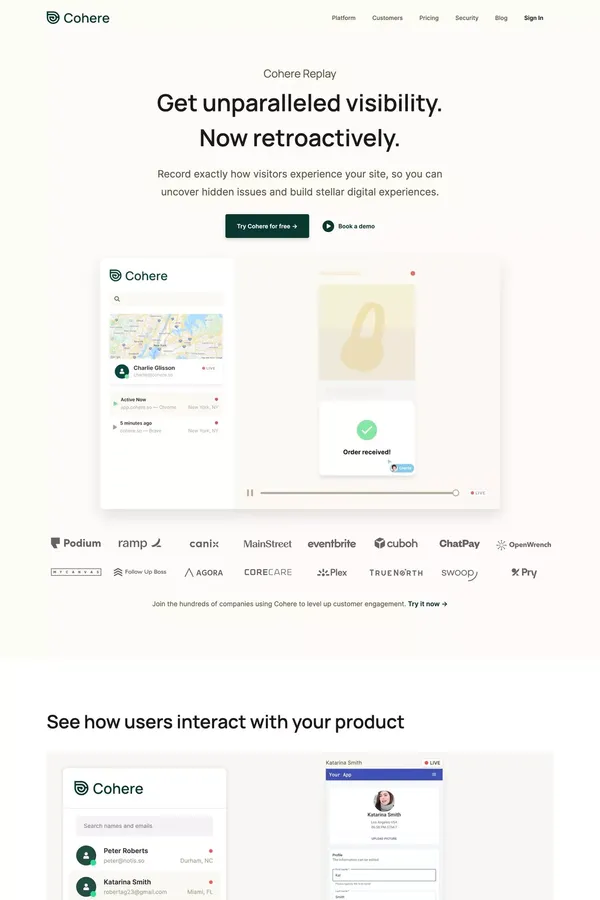 Cohere Replay | Get unparalleled visibility. Now retroactively. - Landing design inspiration
