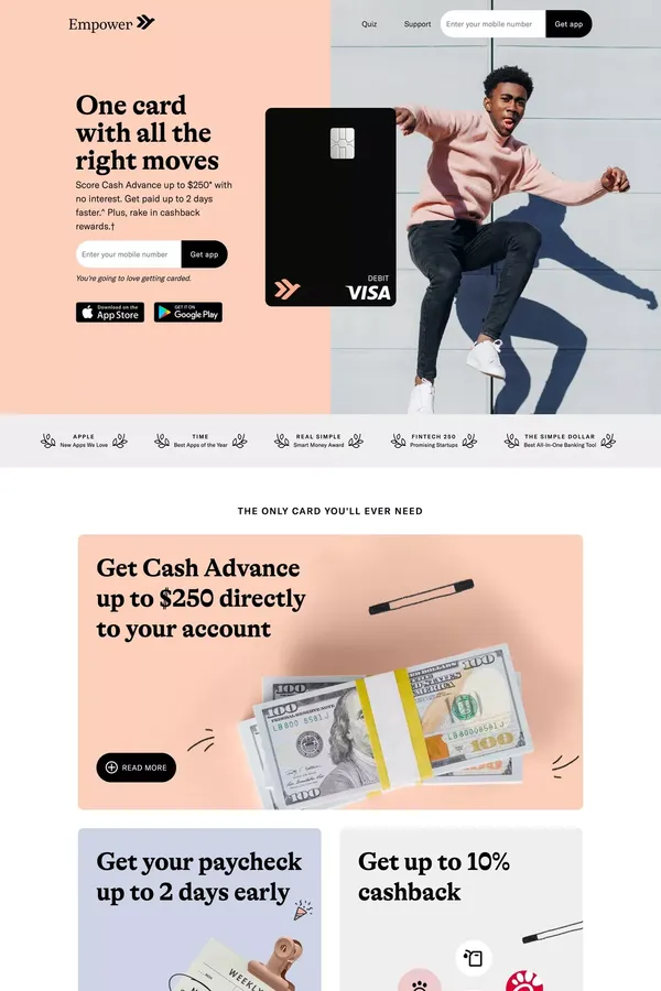 Instant Cash Advance, Early Payday, Cashback Perks - Landing design inspiration