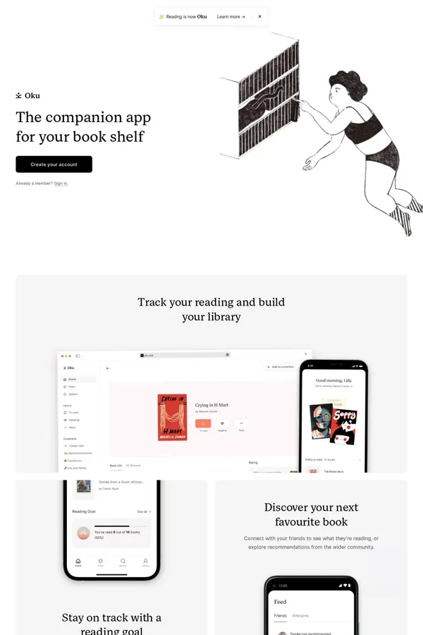 Oku - the companion app for your bookshelf - Landing design inspiration
