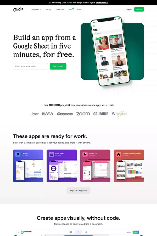Build an app from a Google Sheet in five minutes, for free • Glide - Landing design inspiration