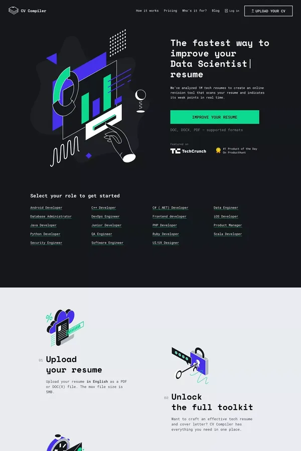 CV Compiler - Rock your tech resume - Landing design inspiration