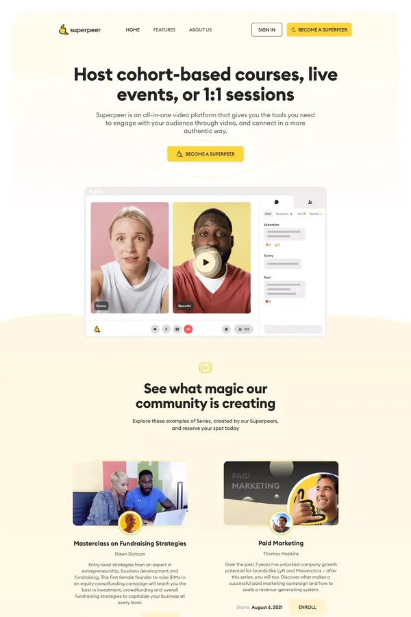 Superpeer | Cohort-based courses, live events, or 1:1 sessions - Landing design inspiration